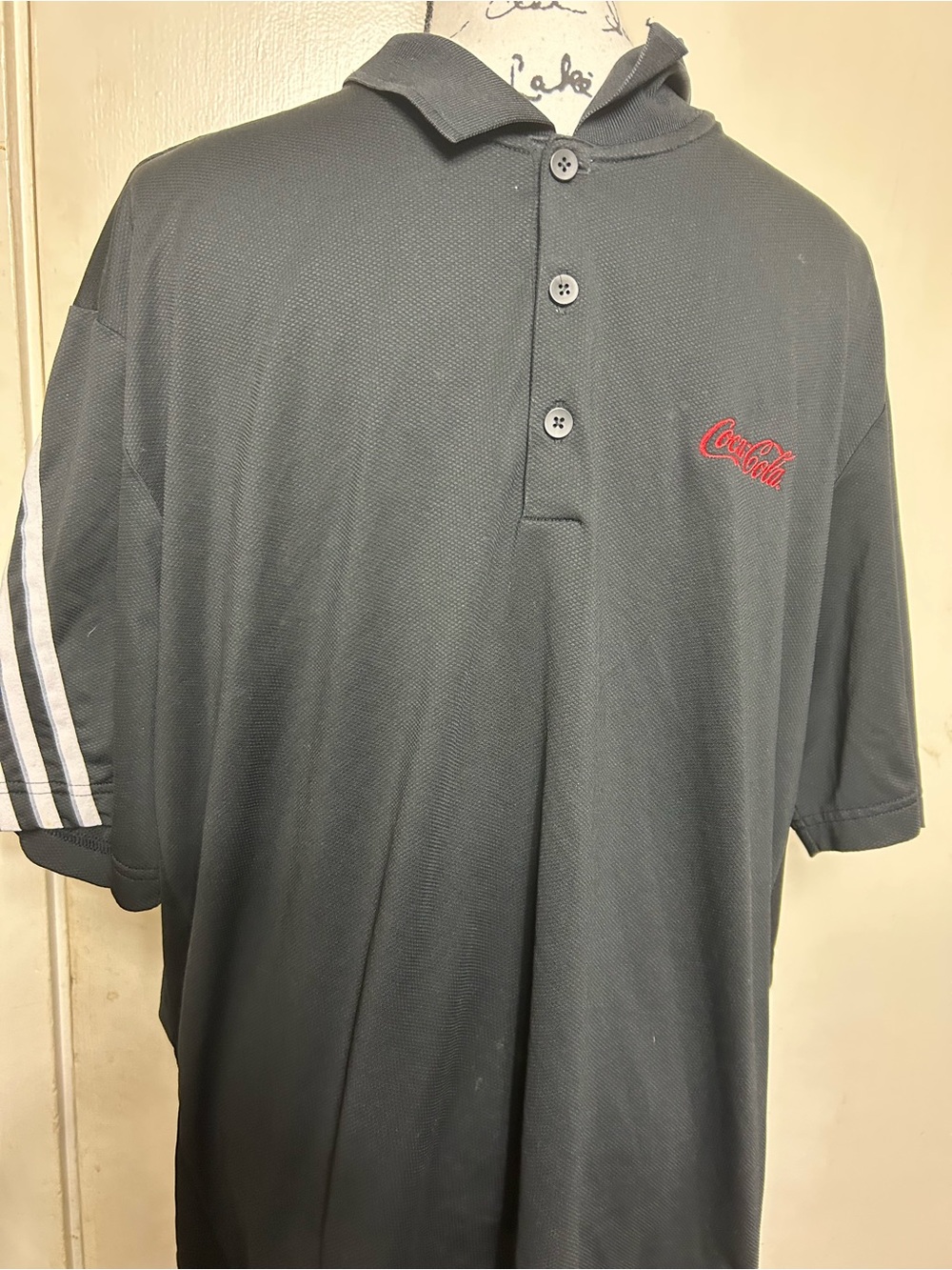 Adidas Coca Cola Men’s black Polo w Red Script Logo&single sleeve adidas stripes